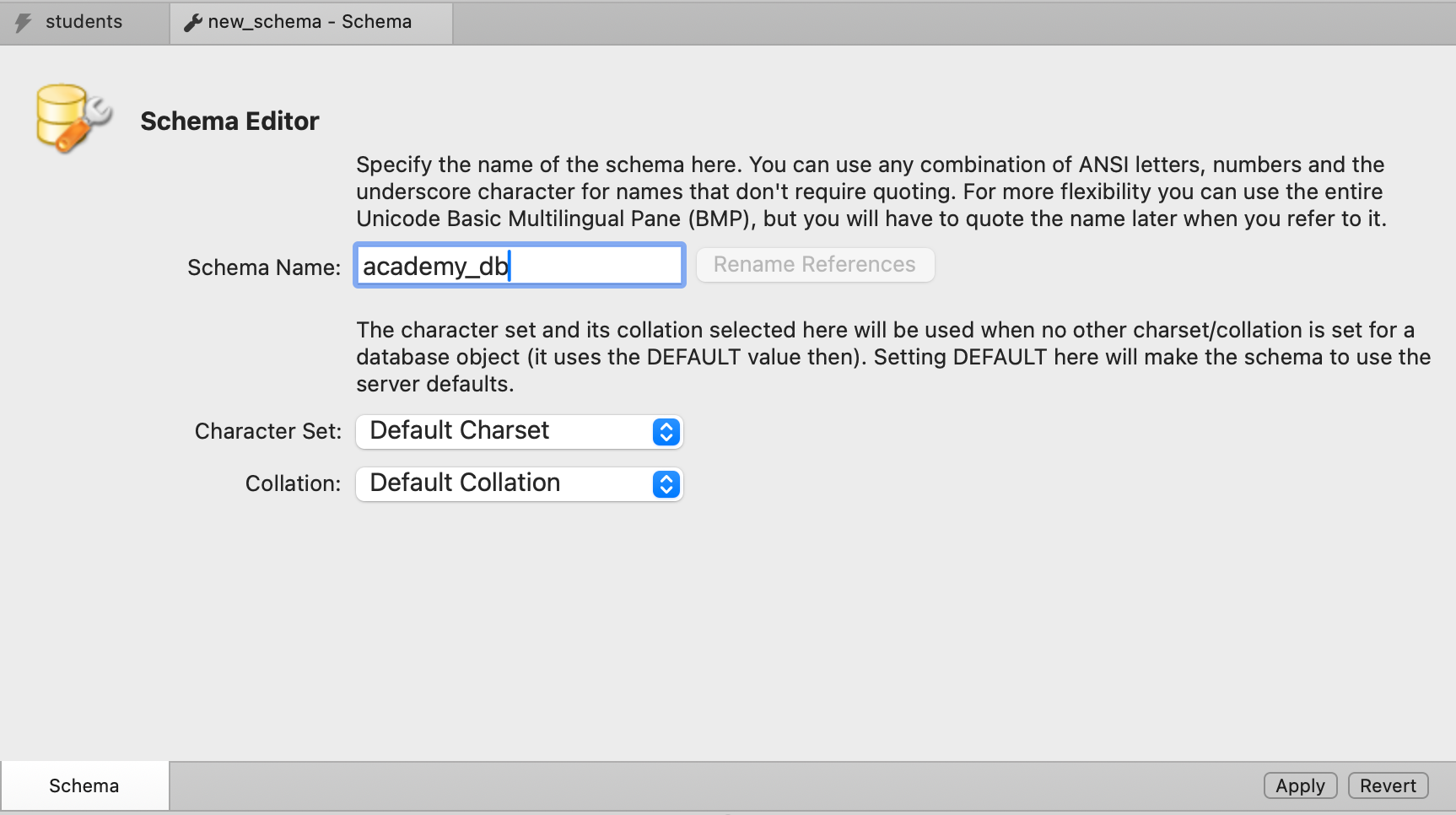 Окно создания БД в Workbench с выбором кодировки и коллации